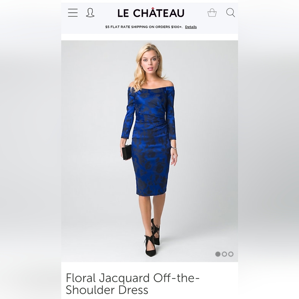 Le Chateau XS Floral Jacquard Blue off the shoulder dress